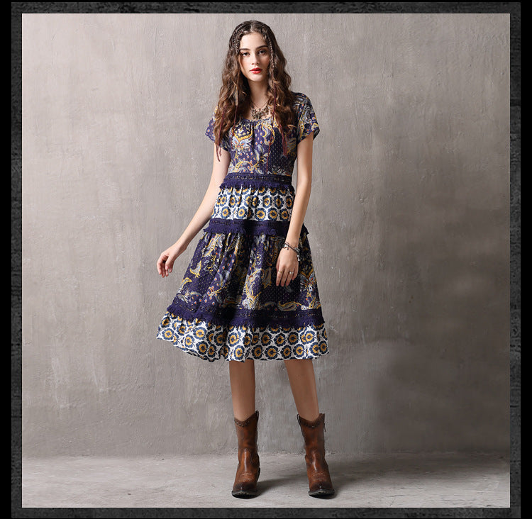 O-Neck Short Sleeve A-line Hollow Out Lace Dresses