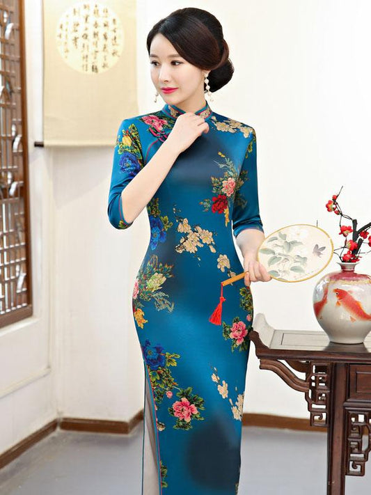 National Flower Printed Long Cheongsam