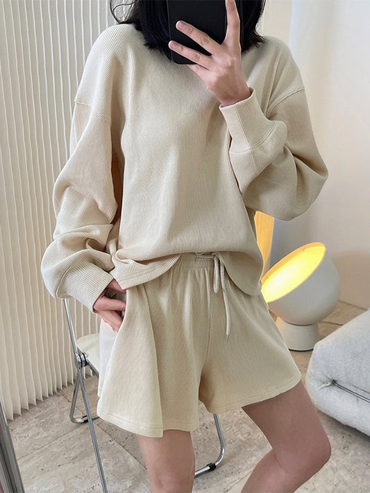 Casual Solid Color Sweatshirts& Drawstring Wide Leg Shorts Suits