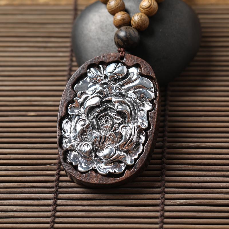 Ethnic Wood Beads Silver Plated Flower Necklaces