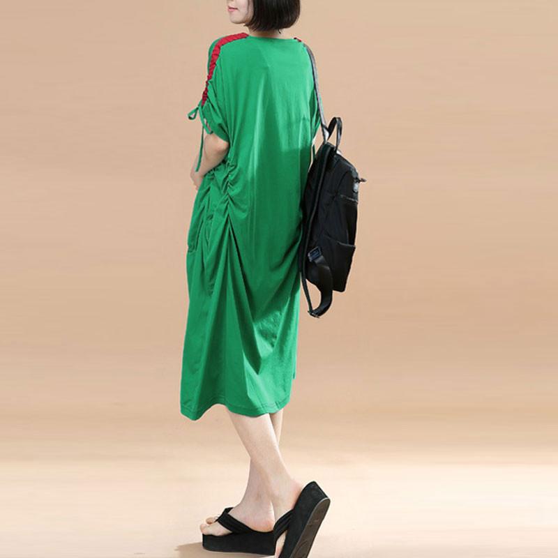 Splicing Women Loose Casual Summer String Folded Cotton Green Dress