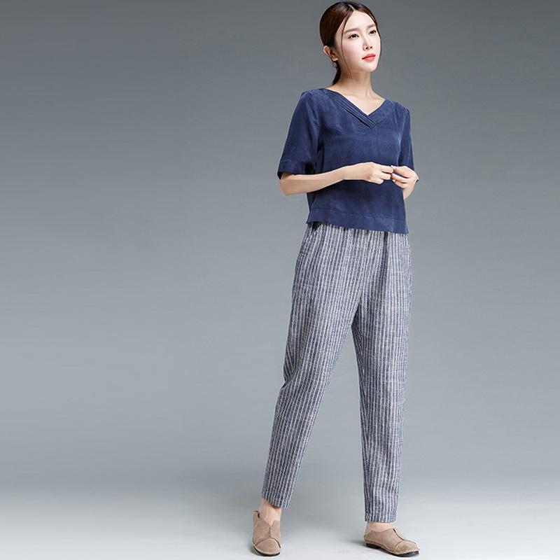 Ankle Length Blue Stripe Literature Cotton Linen Women Pants