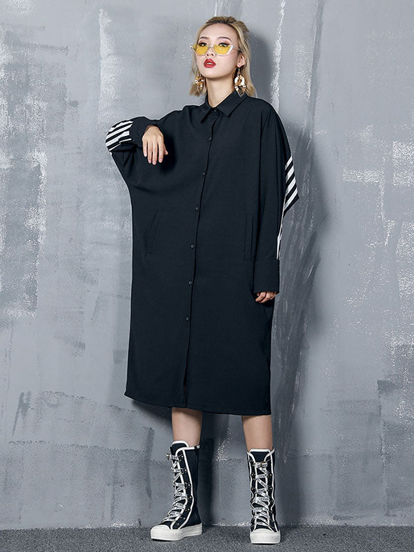 Loose Split-joint Striped Lapel Shirt Dress