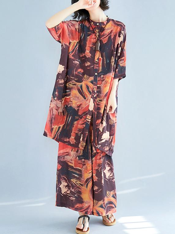 Chiffon Colorful Striped Print Stand Collar Long Blouse+Pants Suits