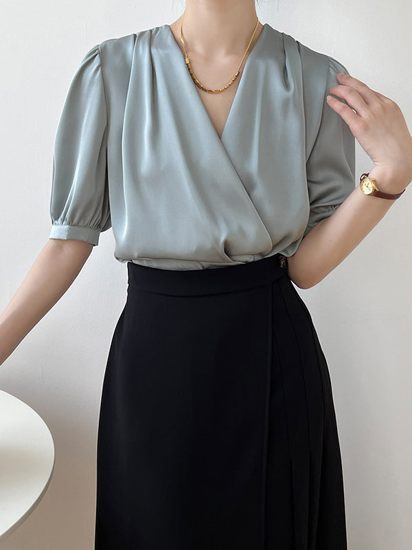 Office V-Neck Half Sleeves Solid Color Blouse