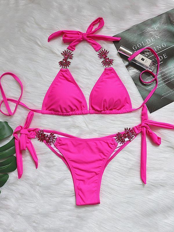 Gorgeous Embellished Solid Color Triangles Knotted Split Bikini Swimsuit