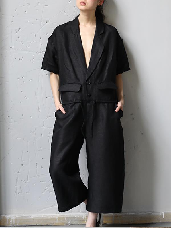 Urban Black Deep V-neck Lapel Suit Jumpsuit