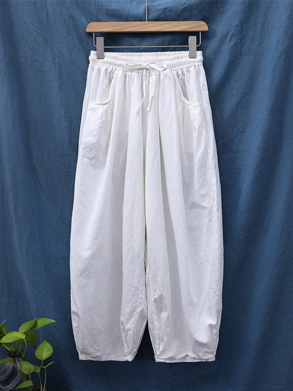 Simple Casual Loose Linen Solid Color Pleated Drawstring Knickerbockers