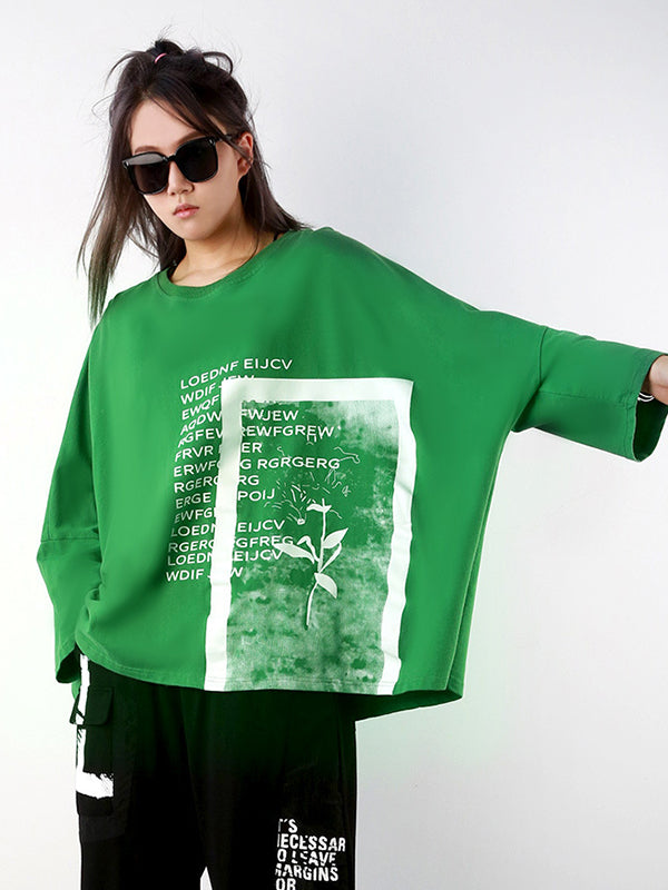 Casual Long Sleeves Loose Letter Print Round-Neck T-Shirts Tops