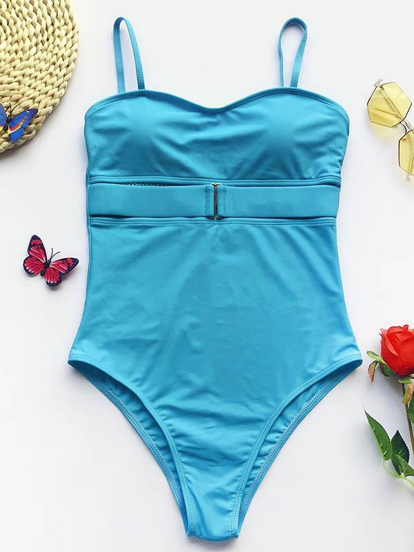 Solid Color Belted One-Piece Swimwear