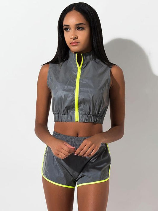 Sleeveless Zipper Crop Tanks And Shorts Suits