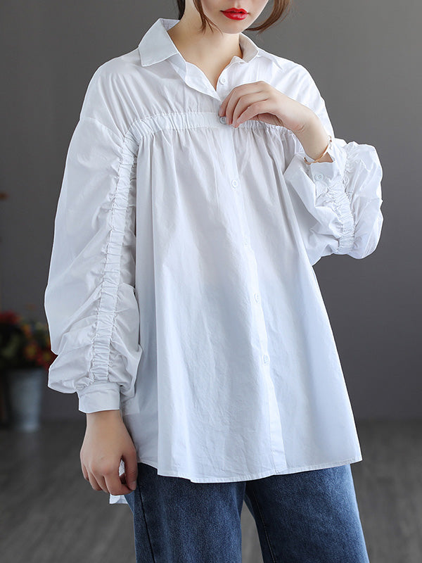 Simple Split-Joint Pleated Buttoned Lapel Collar Long Sleeves Blouses