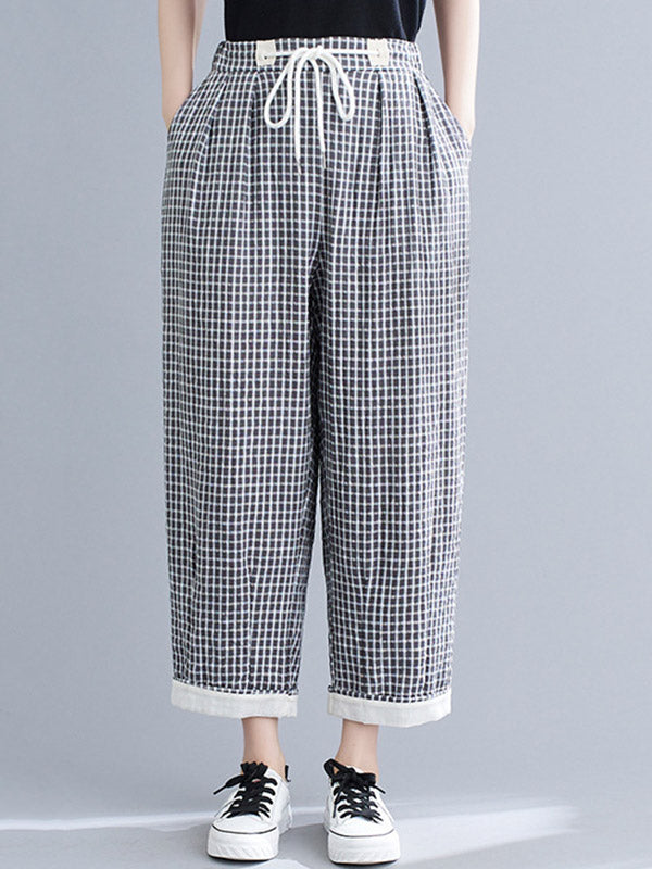 Vintage Ramie Cotton Plaid Drawstring Pants