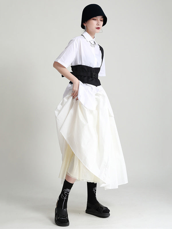 Urban Solid Color Split-Joint Mesh Pleated A-Line Skirt