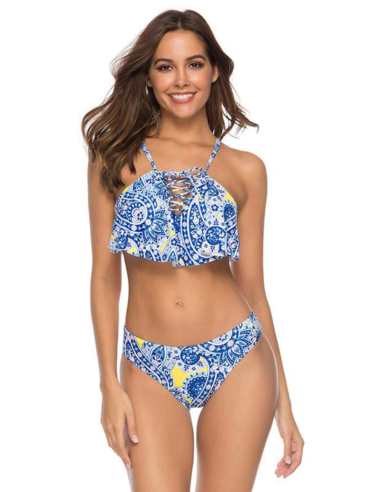 Lattice Blue Printed Ruffled Bikini Set