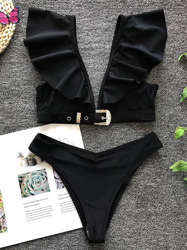 Sexy Flounces V-Neck Metal Buckle Split Bikini Swimsuit