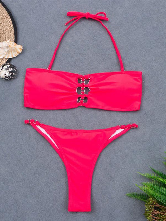 Solid Color Hollow Bandage Bandeau Split Bikini Swimsuit