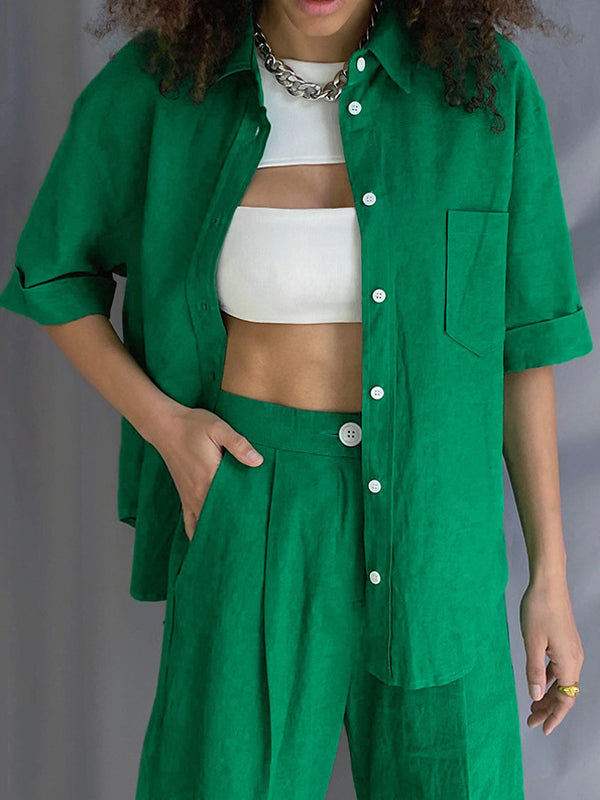 Casual Solid Color Split-Joint With Pocket Buttoned Lapel Collar Half Sleeves Blouse+Shorts 2 Pieces Set