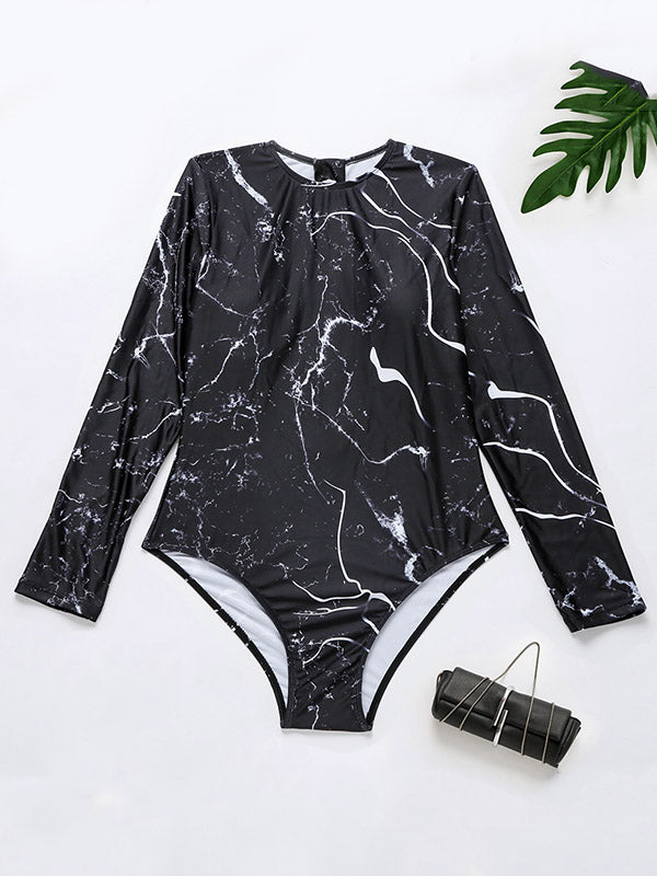 Long-Sleeves Sun-Protection Floral Printed One-Piece Wetsuits