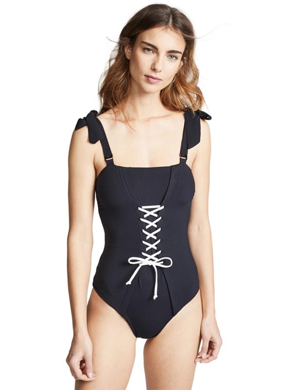 Lace-up Black One-piece Swimwear