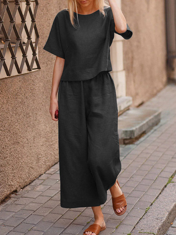 Simple Solid Color Short Sleeves Shirts& Wide Leg Pants Set