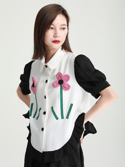 Vintage Puff Sleeves Contrast Color Floral Applique Blouse