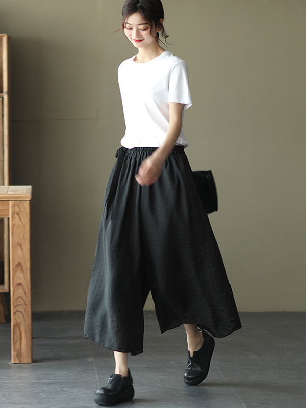 Casual Solid Color Split-Joint Wide Leg Capri-Pants