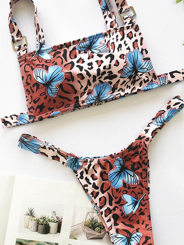 Sexy Strapless Metal Ring Printing Split Type Bikini Swimsuit