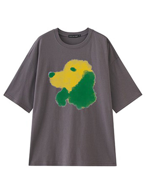 Oversized Contrast Color Dog Printed T-Shirt