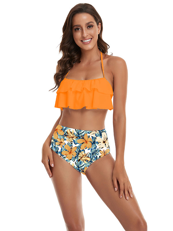 Floral Printed Falbala High-Waisted Bikini Swimwear