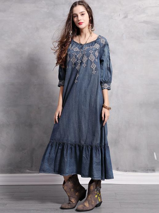 Plus Size Loose Embroidered Ruffled Midi Dresses