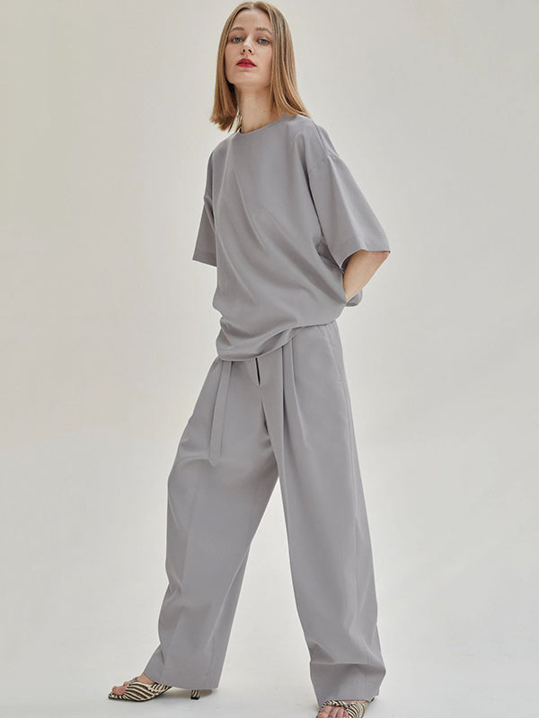 Casual Solid Color Zipper Buttoned Round-Neck Half Sleeves T-Shirt+Tied Wide Leg Pants 2 Pieces Set