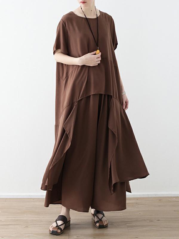 Loose Coffee Split-joint Cropped T-shirt&Wide Leg Pants Suits