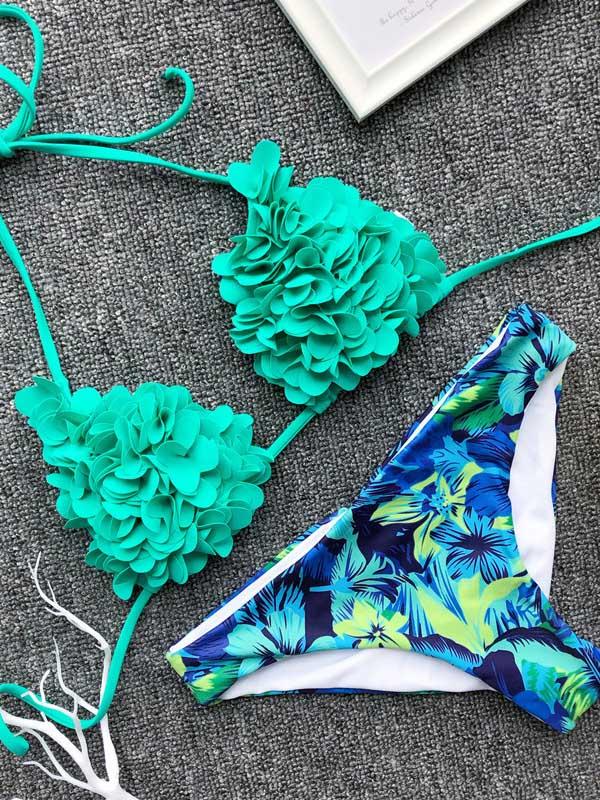 Plain Triangle Top With Printed Panty Bikini Set