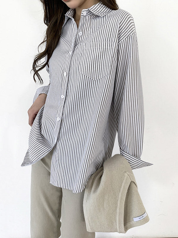 Simple Striped Buttoned Lapel High-Low Long Sleeves Blouse Tops