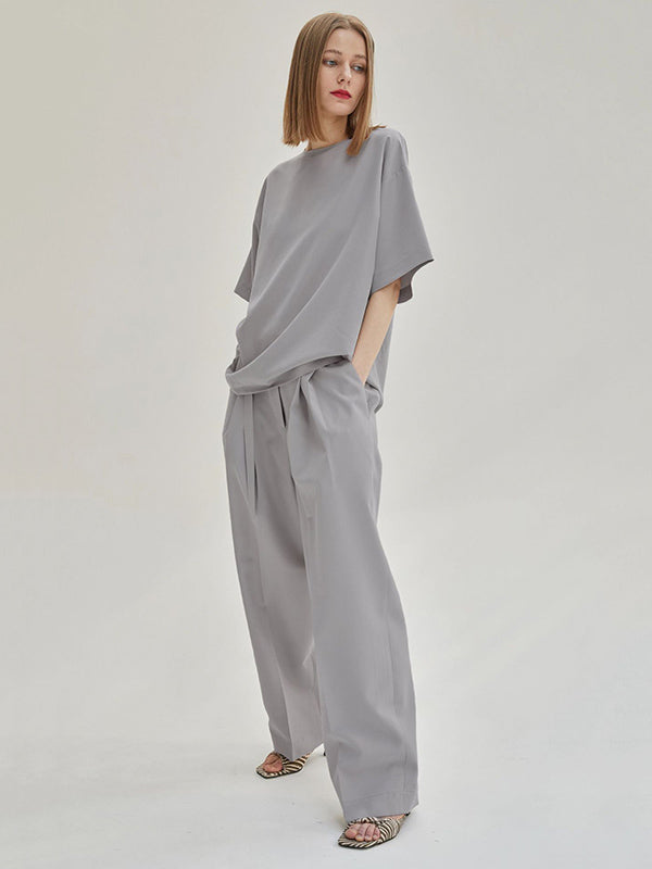 Casual Solid Color Zipper Buttoned Round-Neck Half Sleeves T-Shirt+Tied Wide Leg Pants 2 Pieces Set