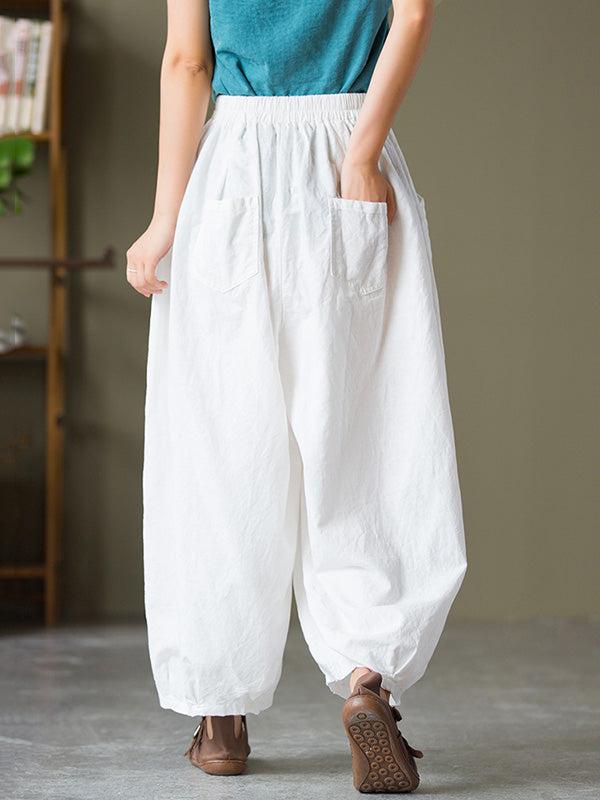 Simple Loose Linen Solid Color Pleated Drawstring Wide Legs Knickerbockers