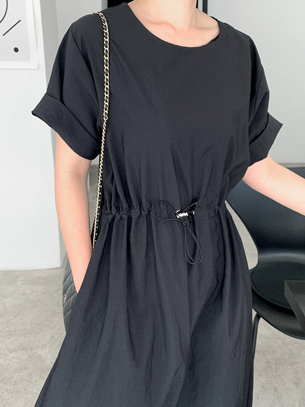 Casual Solid Color Drawstring Pleated Round-Neck Half Sleeves High-Waist Midi Dress