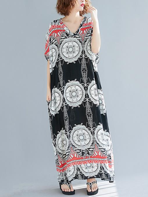 Loose Plus Size National Printed Maxi Dresses