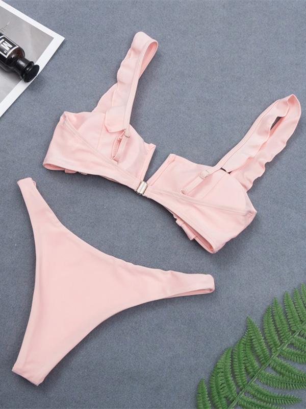 Falbala Solid Color Bikini Swimsuit