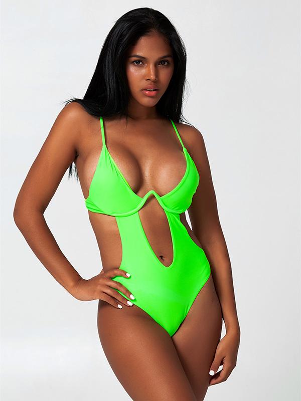 Sexy Deep V-Neck Padded Hollow One-Piece Bikini Swimwear