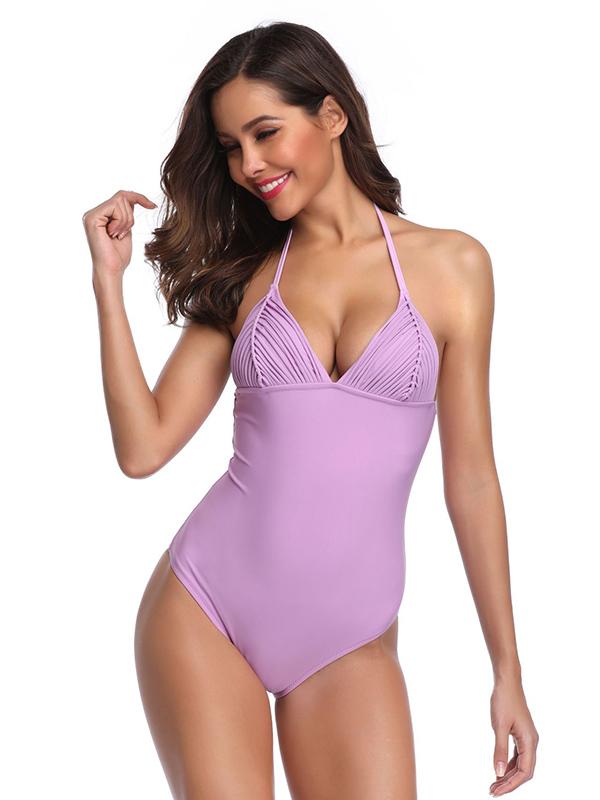 Lace-up Plain One-piece Swimsuit