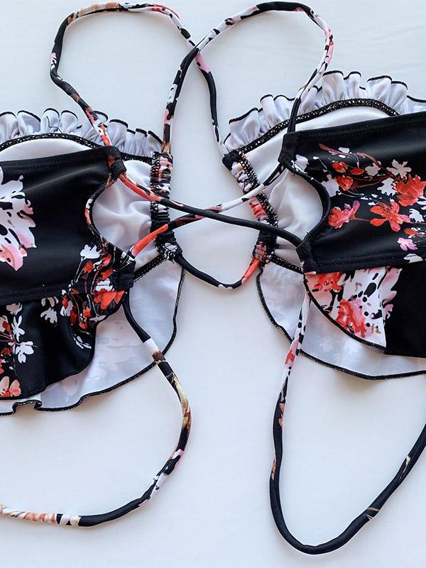 Floral-Print Falbala Split Bikini Swimsuit