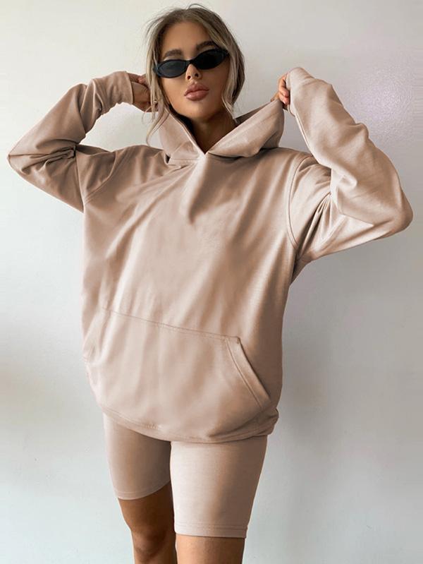 Casual Loose Solid Color Hooded Sweat Shirts&Shorts Suits