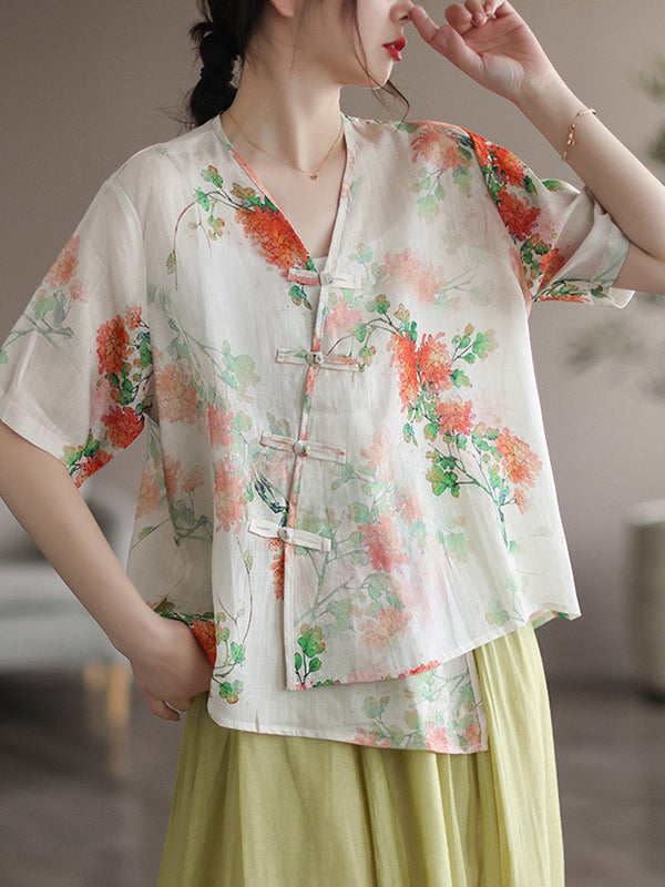 Artistic Retro Loose Ramie Cotton Buttoned Floral Printed Blouse