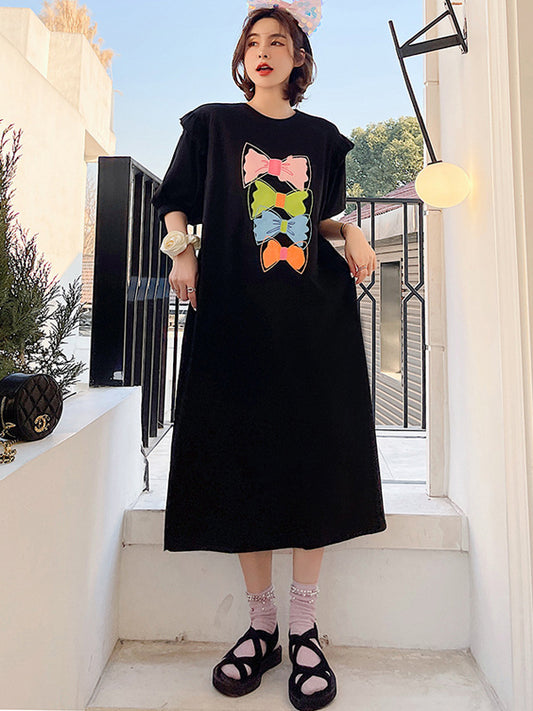 Original Split-Side Printing Puff Sleeve Midi Dress