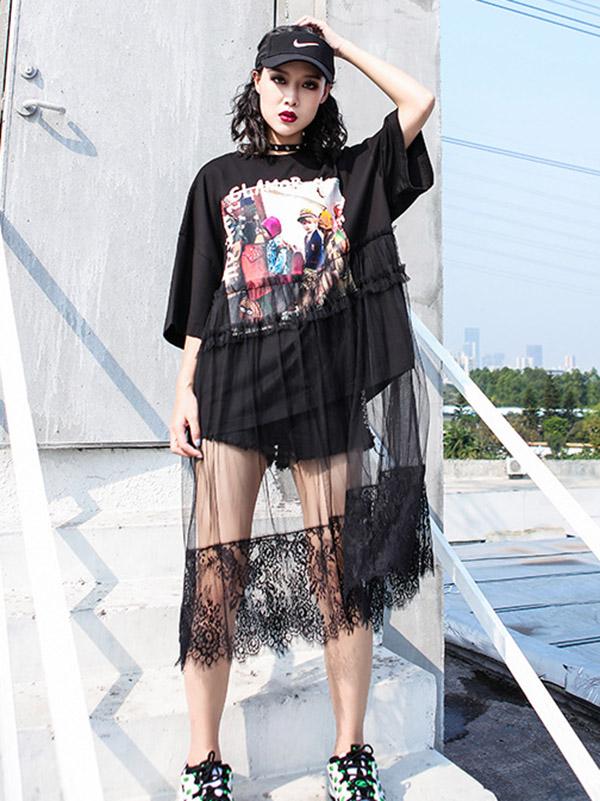 Cartoon Mesh Split-joint Printed Dress