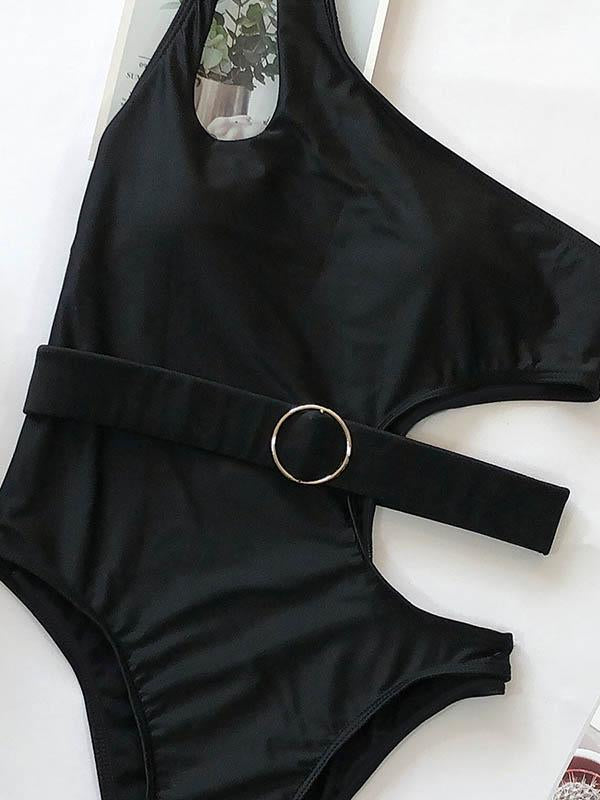 One-Shoulder Hollow Waist Buckle One-Piece Swimwear