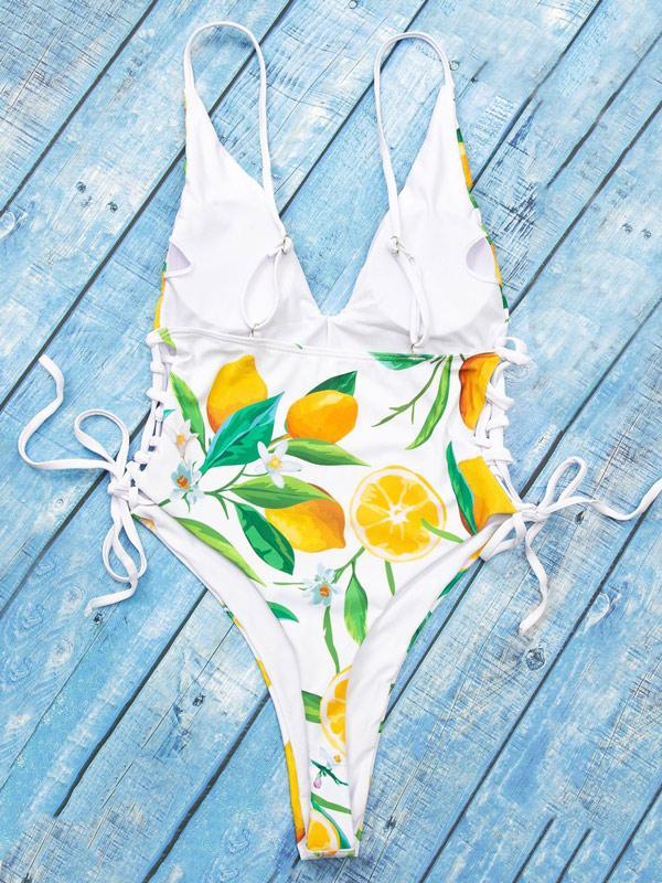 Lemon Print Lace-Up V-Neck One-Piece Swimsuit