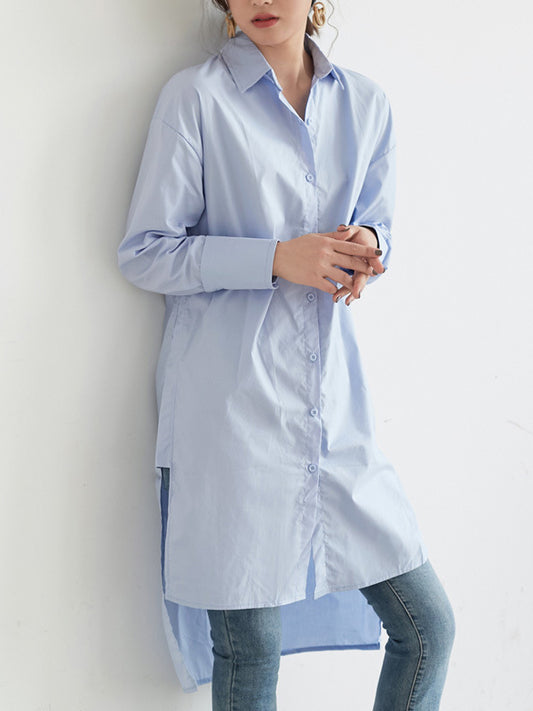 Simple Solid Color Buttoned Split-Side Lapel Collar Long Sleeves Blouse